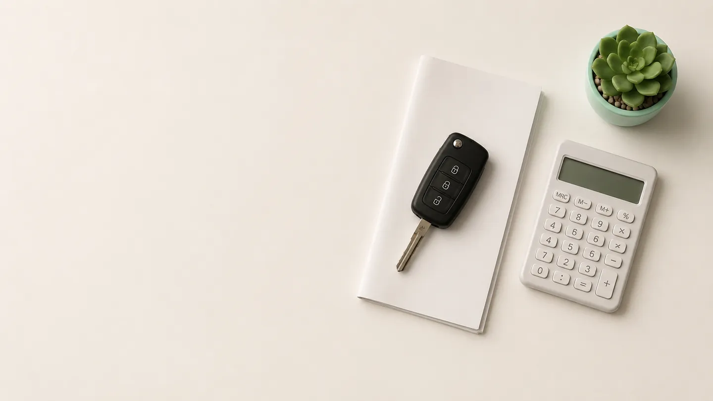 A car key resting on a folded document beside a calculator