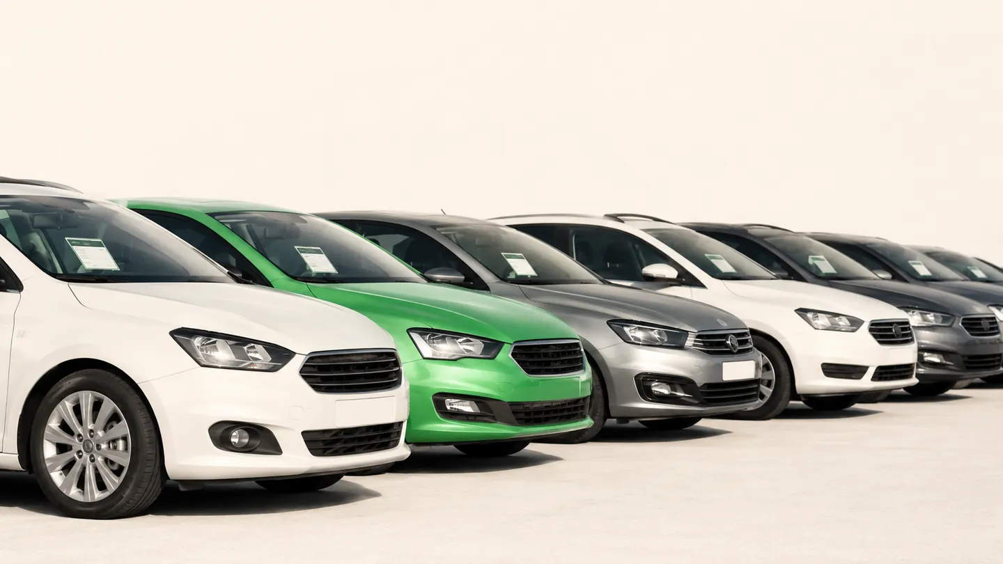A line of parked used cars on a dealer forecourt with price stickers in the windscreens
