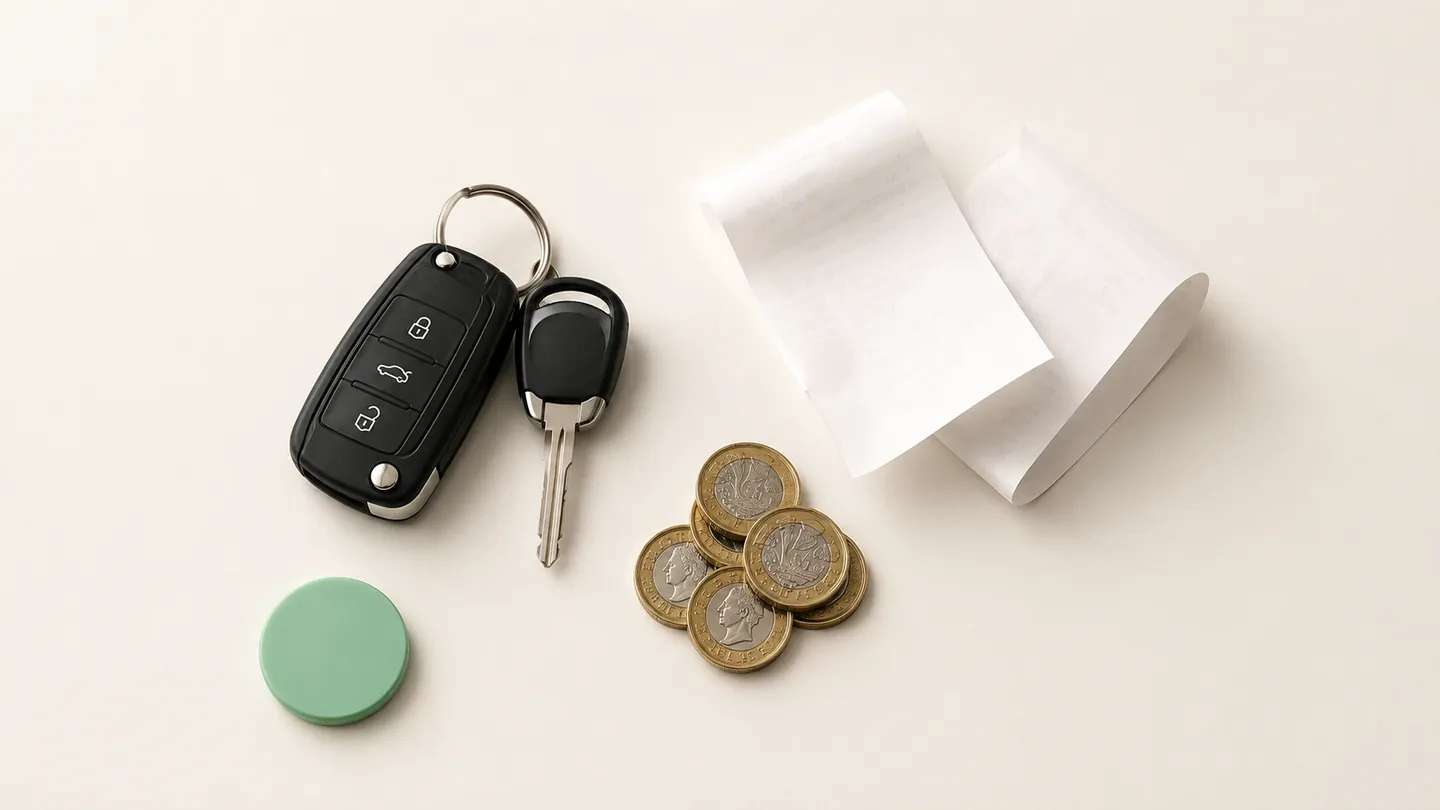 Car keys, a receipt and a stack of pound coins on a table — the real cost of running a car