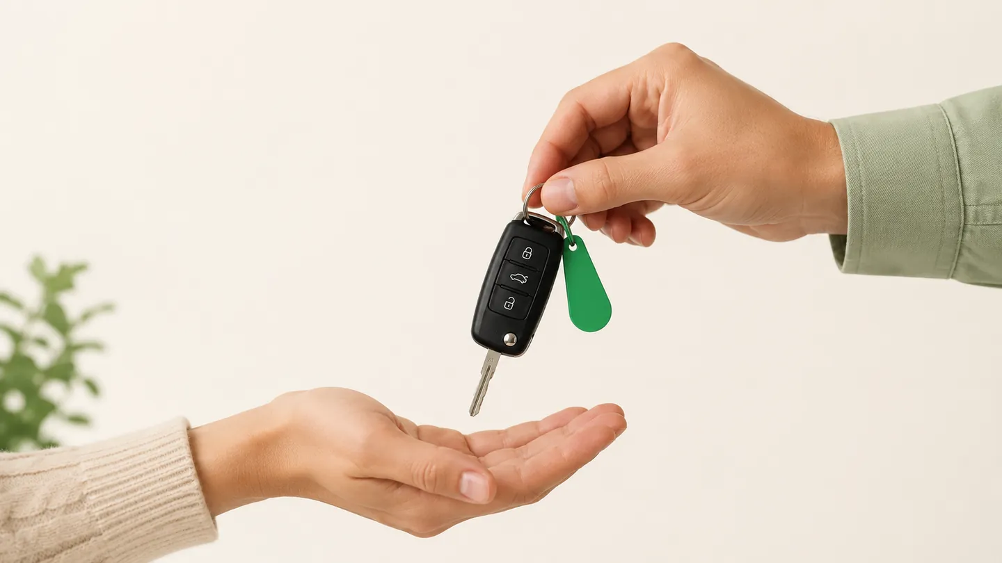 A set of car keys being handed from one person to another at hand-back