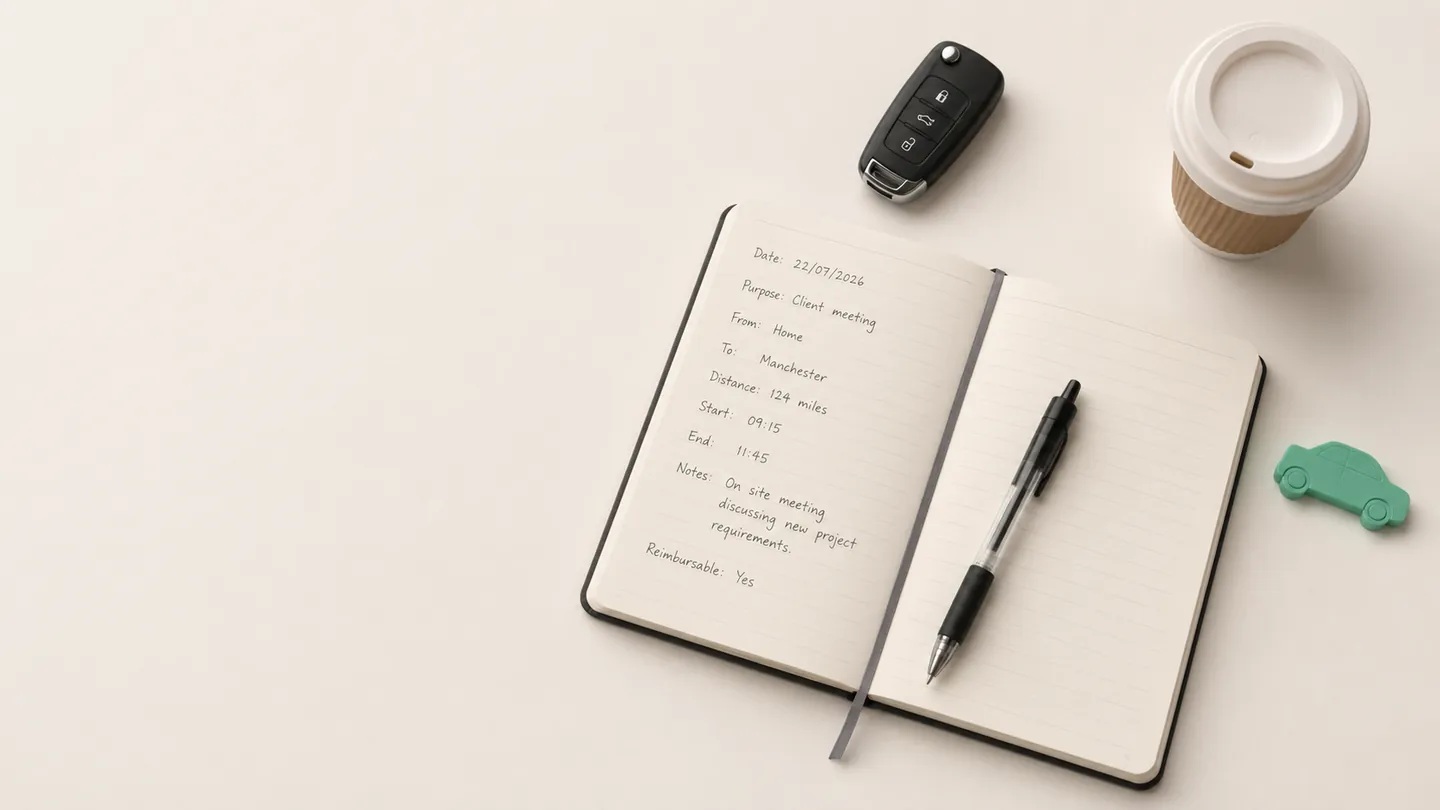 A mileage logbook with a handwritten business trip entry, a car key and a coffee — logging business miles for HMRC
