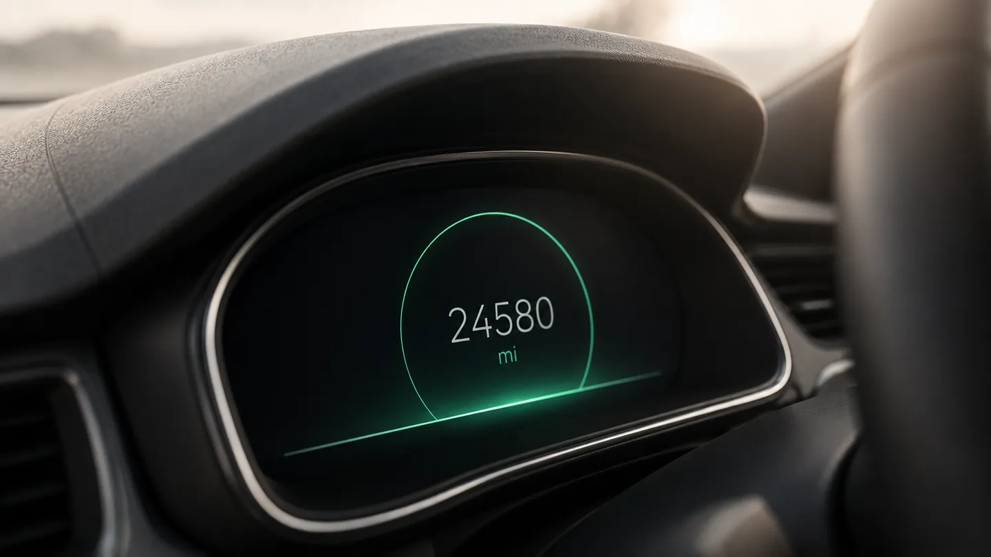 A car dashboard odometer showing the mileage