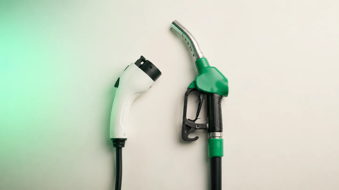 An EV charging connector beside a green petrol pump nozzle