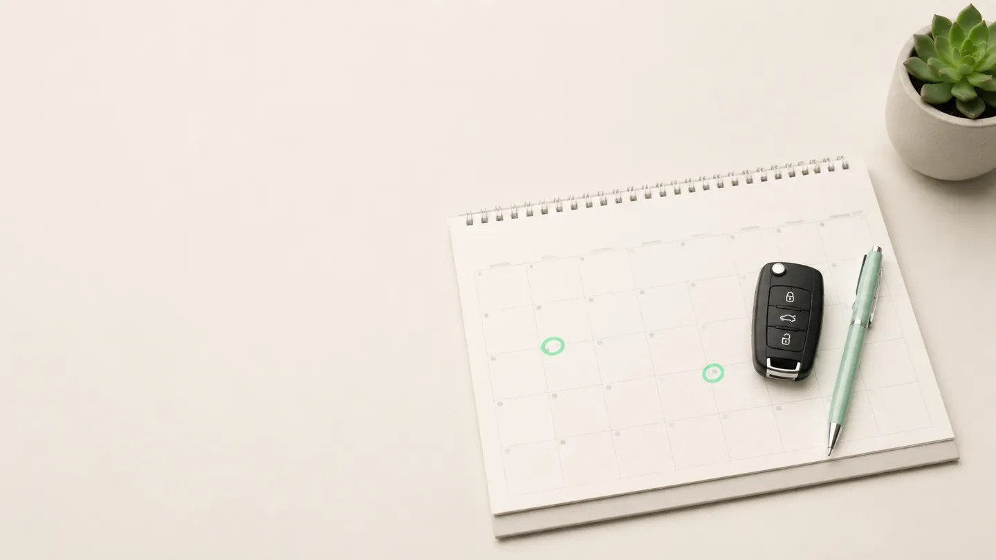 A desk calendar with a car key and pen, renewal dates marked