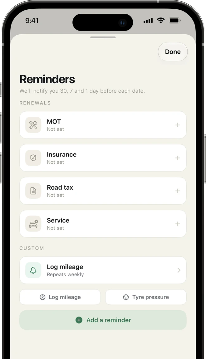 MileMind reminders screen listing MOT, insurance, road tax and service renewals plus custom reminders