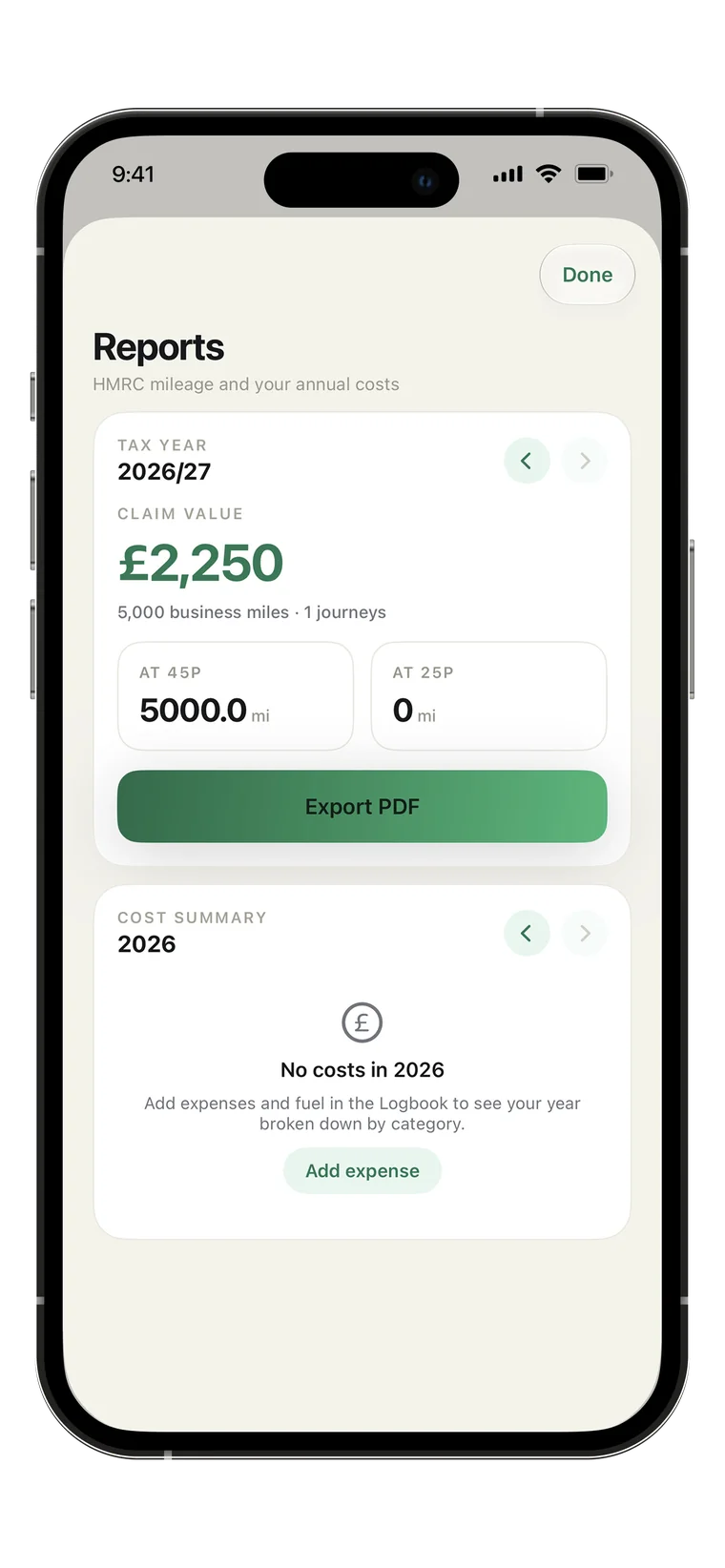 MileMind HMRC report with claim value from business miles and an Export PDF button