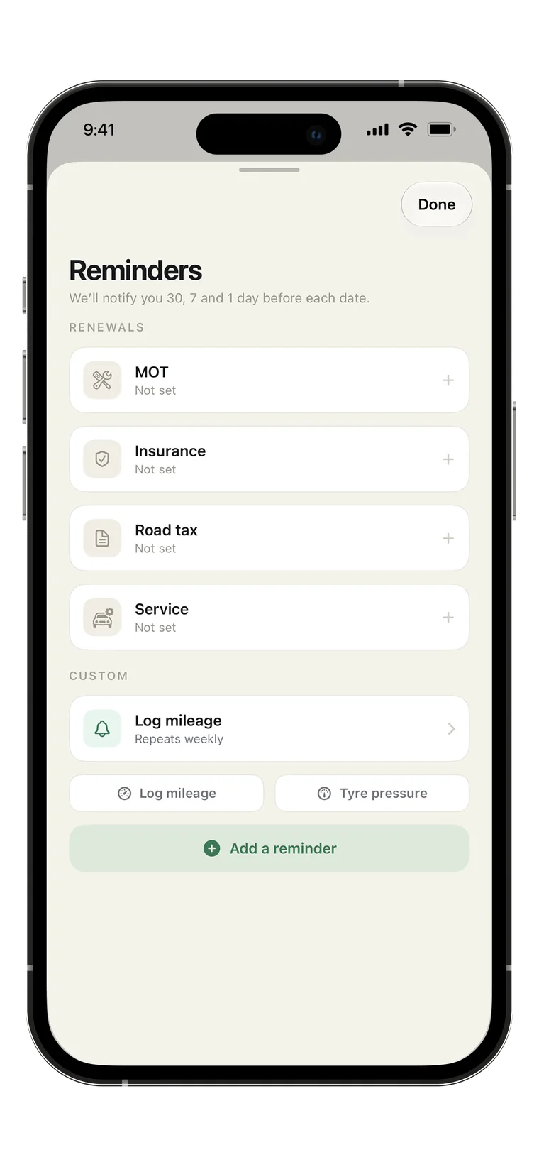 MileMind reminders screen listing MOT, insurance, road tax and service renewals