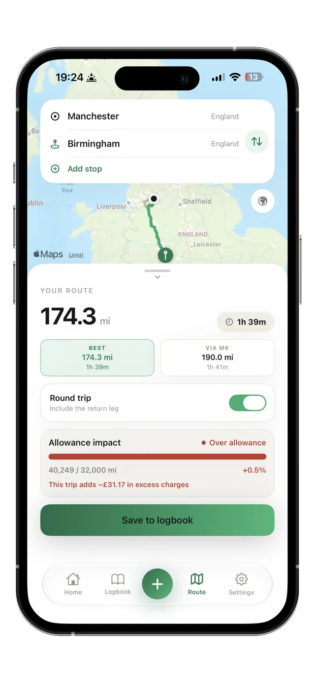 MileMind route planner map, a Manchester to Birmingham route with distance and lease allowance impact