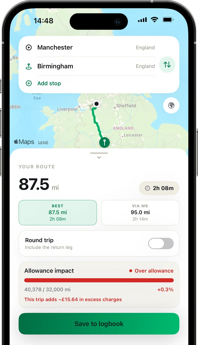 MileMind route planner map with a Manchester to Birmingham route, distance, drive time and allowance impact