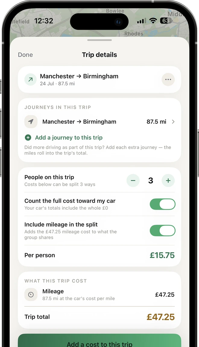 MileMind trip split screen showing shared costs and a per-person amount